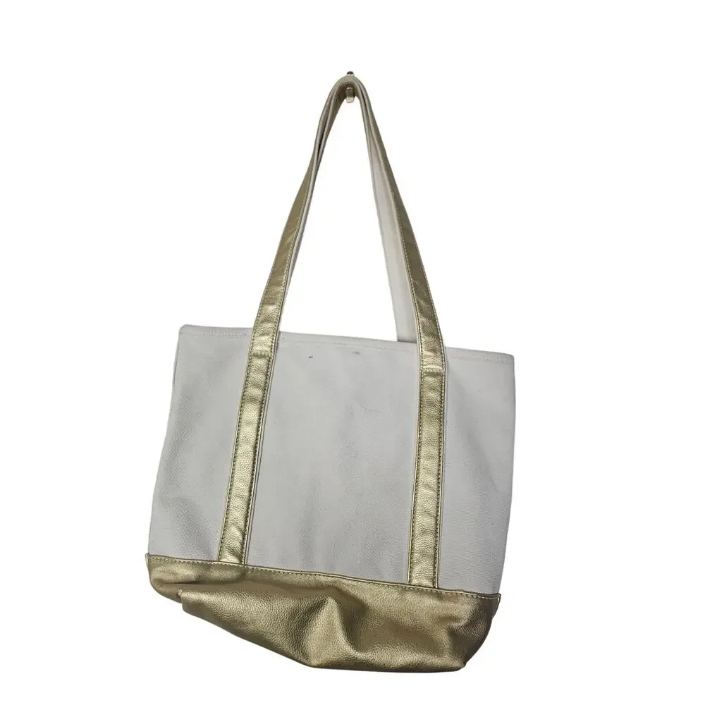 Lands End Gold Boat Tote Canvas Preppy Coastal Bag Casual Beach Pool Travel